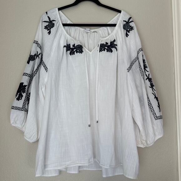Calvin Klein Embroidered Boho Cottage Peasant Top, White/Black Cotton, size 2X - Picture 1 of 8